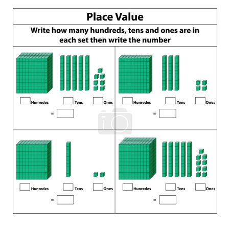 Legen Sie Wert hunderte Zehner und Einsen. 10 Blöcke. und einzelne Blöcke. Vektor-Illustration isoliert auf weißem Hintergrund.