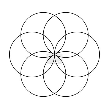 6 círculo Semilla de vida. Geometría asustada Elementos de diseño vectorial. el mundo de la geometría con nuestras intrincadas ilustraciones. en arte de línea negra.
