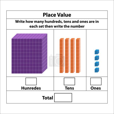 Illustration for Place Value hundreds tens and ones. 10 blocks. and single blocks. Vector illustration isolated on white background. - Royalty Free Image