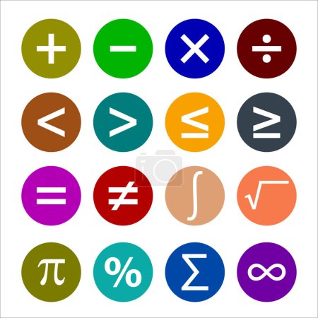 Téléchargez les illustrations : Symboles mathématiques icônes de cercle de couleur, illustration vectorielle. icônes simples symboles mathématiques colorés - en licence libre de droit