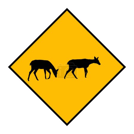 Illustration for Yellow road sign: Deer Crossing Zone. Drive slowly for animal safety. Common on roads. Vector illustration on white background. Beware of reindeer - Royalty Free Image