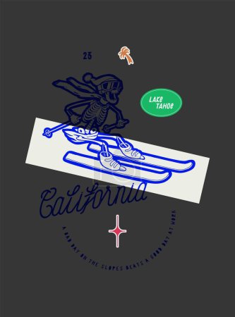 Illustration for Skeleton ski. Happy skeleton riding skis downhill fast. Lake tahoe winter sports t-shirt print vector illustration. - Royalty Free Image