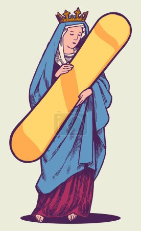 Téléchargez les illustrations : Vierge Marie avec snowboard. Vierge catholique Marie de Guadalupe tenant snowboard. Sports d'hiver et caractère religieux illustration vectorielle isolée. - en licence libre de droit