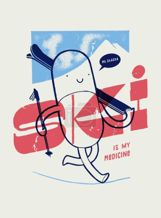 Téléchargez les illustrations : Vitamin ski. Pill character carrying skis walking in the mountains. Winter sports vintage typography silkscreen vintage typography print vector illustration. - en licence libre de droit