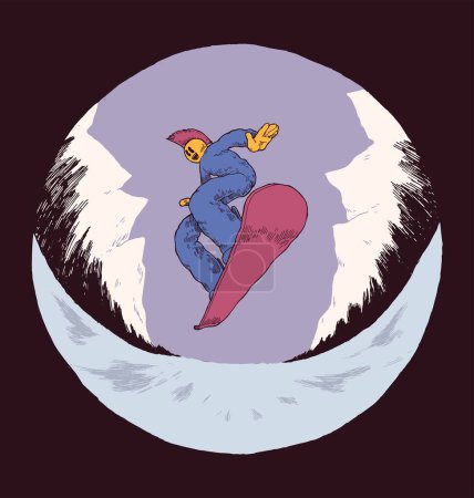 Illustration for Fisheye snowboarder. Winter sports vintage typography t-shirt print vector illustration. - Royalty Free Image