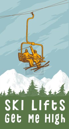 Téléchargez les illustrations : Ski lift with skiers up in the mountains over the forest. Winter sports vector illustration. - en licence libre de droit