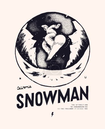 Illustration for Snowman. Mohawk snowboarder fisheye. Winter sports distressed vintage typography silkscreen t-shirt print vector illustration. - Royalty Free Image