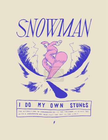 Illustration for Snowman. Fisheye Illustration with a mohawk snowboarder riding down the mountain. Winter sports silkscreen vintage typography print vector illustration. - Royalty Free Image