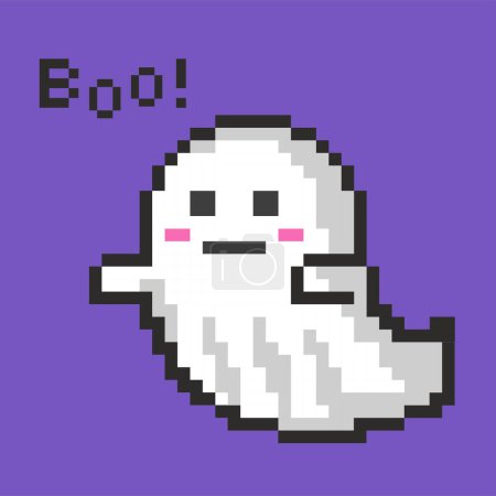 Foto de Fantasma arte píxeles de Halloween. Boo lindo espíritu estilo de 8 bits sobre fondo púrpura - Imagen libre de derechos