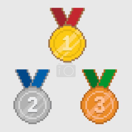 Téléchargez les illustrations : Pixel art médailles sportives médaille de bronze argent doré style 8bit - en licence libre de droit