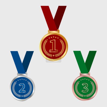 Foto de Set Vector Sports Awards Medalla de Oro, Plata y Bronce con Cinta Verde Azul Rojo. - Imagen libre de derechos