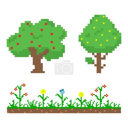 Foto de Arte de píxeles de jardín, árboles, hierba y flores de 8 bits - Imagen libre de derechos
