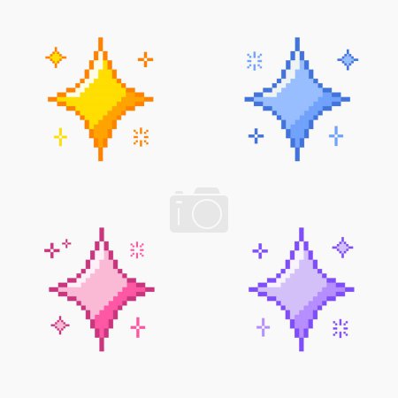 Foto de Estrellas brillantes, estrellas brillantes pixel art, brillante amarillo rosa púrpura azul brillante pixel art set - Imagen libre de derechos