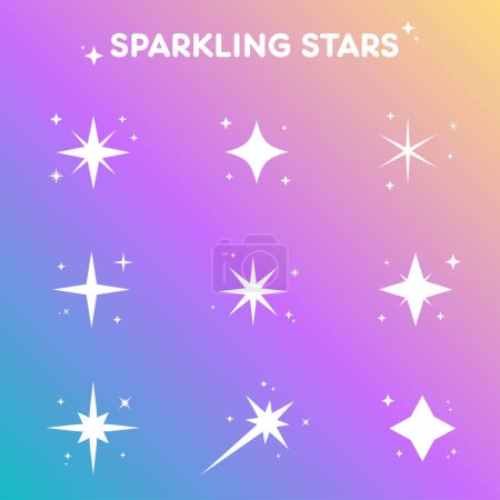 Foto de Icono de vector de estrellas brillantes blancas establecido en estilo plano en el fondo de gradiente - Imagen libre de derechos