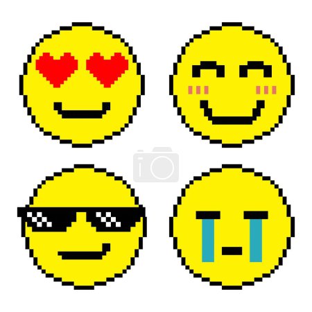 Téléchargez les illustrations : Émotion emoji pixel art, Pixel art emoji icon set - en licence libre de droit