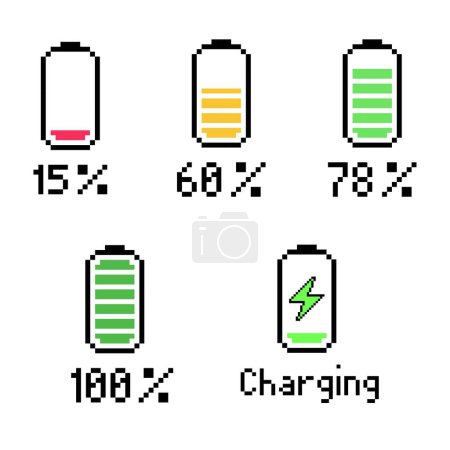 Foto de Pixelated Conjunto de nivel de carga de batería, indicadores verticales de nivel de batería en porcentaje - Imagen libre de derechos