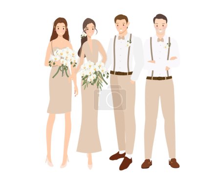 Illustration for Beautiful bohemian casual bride and groom wedding couple with bride maid and groomsman cartoon flat sytle - Royalty Free Image