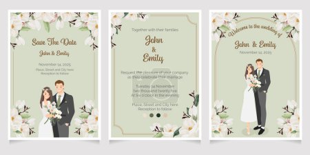 Illustration for Cute young wedding couple in green theme on watercolor white magnolia flower bouquet wedding invitation card template collection - Royalty Free Image