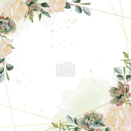 Illustration for Watercolor succulent and flower bouquet wreath gold frame square banner background - Royalty Free Image