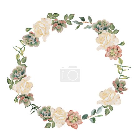 Ilustración de Acuarela suculenta arena y flores marco corona ramo aislado sobre fondo blanco - Imagen libre de derechos