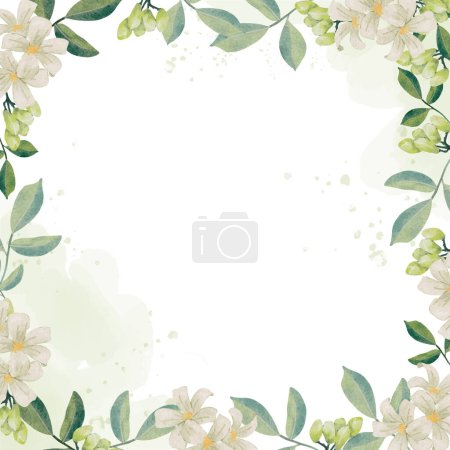 Téléchargez les illustrations : Aquarelle blanc murraya orange jasmin fleur bouquet couronne cadre carré bannière fond - en licence libre de droit