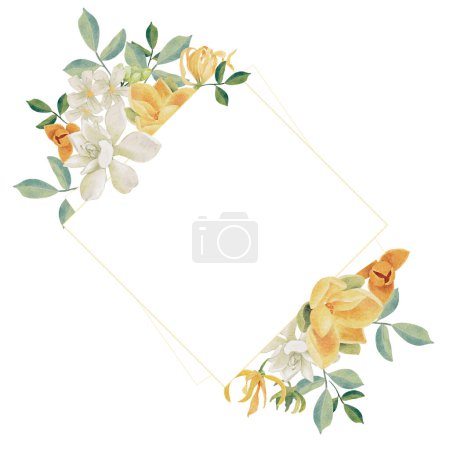 Illustration for Watercolor white gardenia and Thai style flower bouquet wreath with gold frame - Royalty Free Image