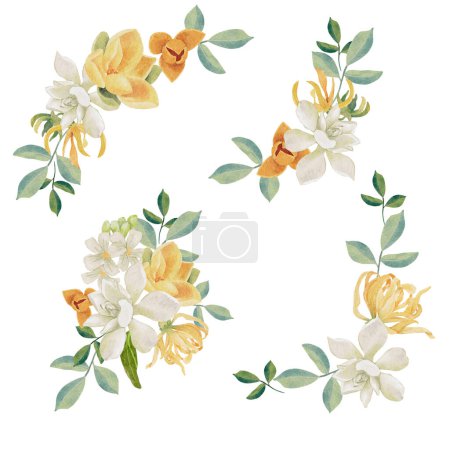 Ilustración de Acuarela gardenia blanca y marco de corona de ramo de flores de estilo tailandés - Imagen libre de derechos