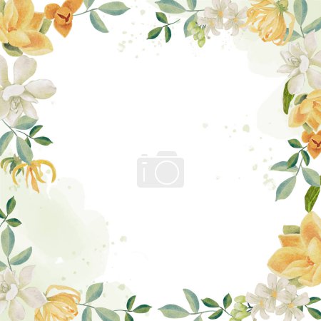 Téléchargez les illustrations : Aquarelle blanc gardénia et style thaï bouquet de fleurs couronne cadre carré bannière arrière-plan - en licence libre de droit