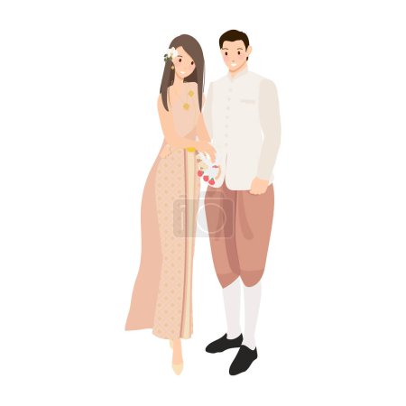 Illustration for Beautiful happy bride groom and bridesmaid in thai traditional dress gown wedding ceremony - Royalty Free Image