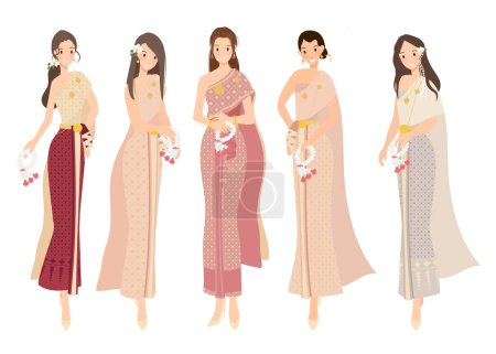 Illustration for Beautiful happy woman brides in thai traditional dress flat style - Royalty Free Image