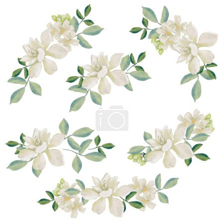 Illustration for Watercolor white thai flower gardenia and orange jasmine bouquet wreath frame collection - Royalty Free Image
