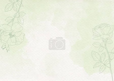 Illustration for Pastel green line art rose flower bouquet frame on watercolor wet wash spash background - Royalty Free Image