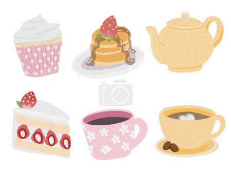 Illustration for Cute oil brush painting coffee bakery and tea set vector illustration - Royalty Free Image