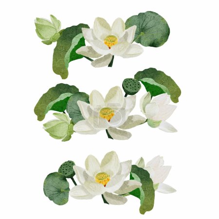 Téléchargez les illustrations : Aquarelle blanc lotus fleur bouquet couronne éléments cadre collection sur fond blanc isolé - en licence libre de droit