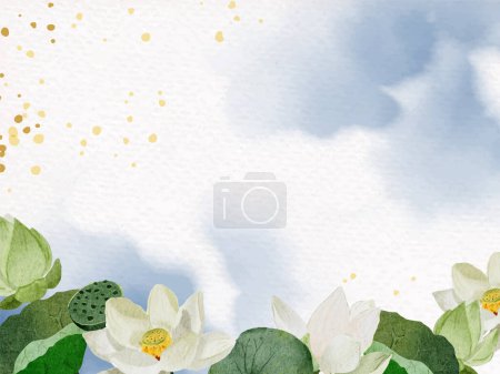 Illustration for Watercolor white lotus flower wreath frame on watercolor paper background - Royalty Free Image
