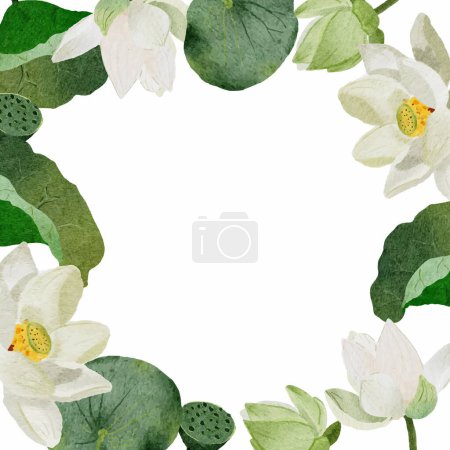 Téléchargez les illustrations : Aquarelle blanc lotus bouquet couronne cadre carré sur fond blanc isolé - en licence libre de droit