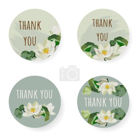 Illustration for Watercolor white lotus thank you sticker elements collection on white background isolated - Royalty Free Image