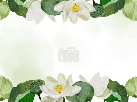 Illustration for Watercolor white lotus bouquet wreath square frame on white background isolated - Royalty Free Image