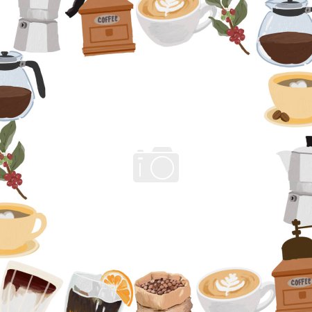 Téléchargez les illustrations : Mignon style brosse à huile éléments café couronne cadre - en licence libre de droit