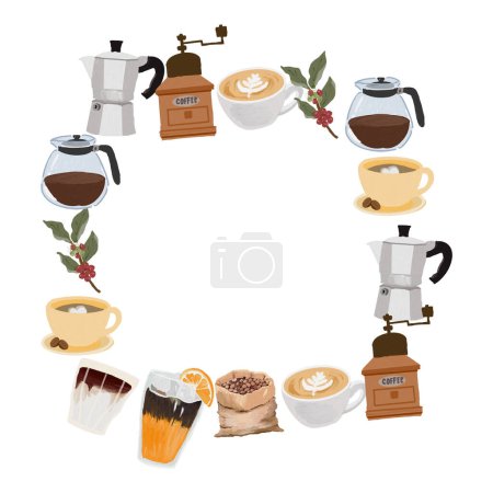 Illustration for Cute oil brush style coffee elements wreath frame - Royalty Free Image