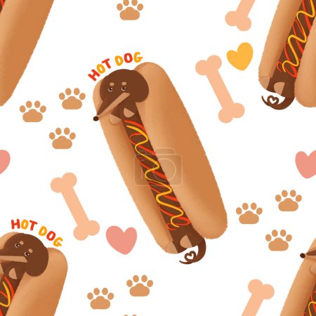 Illustration for Cute hot dog Dachshund dog in sausage bun seamless pattern - Royalty Free Image