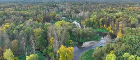 River delta floodplain autumn fall color meander drone aerial inland video shot in sandy sand alluvium, benches forest and lowlands wetland swamp, quadcopter view flying fly flight show, protected