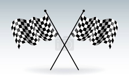 Illustration for Two crossed checkered flags. Modern illustrator. Racing flag. Start or finish. Waving flags with shadow effect on gradient background. - Royalty Free Image