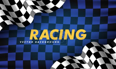 Illustration for Waving checkered flag along the edges on a black and blue background. Modern illustration. Racing flag. Banner for a sports club or racing competition. - Royalty Free Image