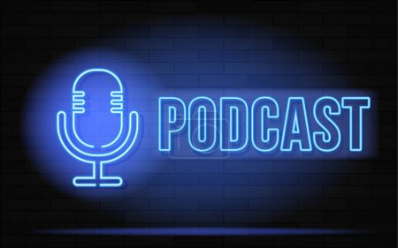 Podcast neon sign. Microphone on brick wall background. Vector illustration in neon style for radio station and broadcasting