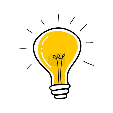 Illustration for Light bulb with rays shine. Cartoon style. Flat style. Hand drawn style. Doodle style. Symbol of creativity, innovation, inspiration, invention and idea. Vector illustration - Royalty Free Image