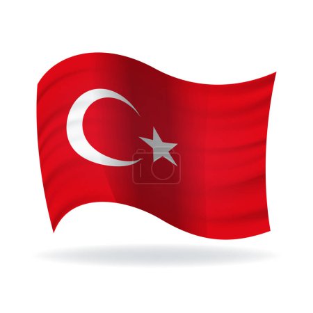 Turkey flag 3D of white crescent moon and star on red color background. Turkish republic European country official national flag waving with curved fabric or waves vector texture