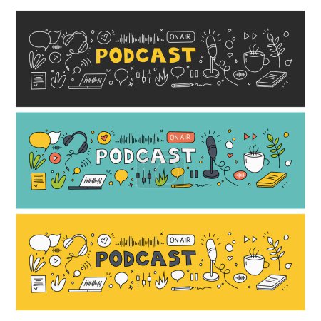 Illustration for Podcast recording and listening, broadcasting, online radio, audio streaming service Concept. Headphones, microphone, laptop, equalizer, speech bubbles. Hand drawn Vector set. Isolated elements. - Royalty Free Image
