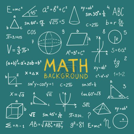 Illustration for Hand drawn math symbols. Math symbols on green background. sketch math symbols. - Royalty Free Image