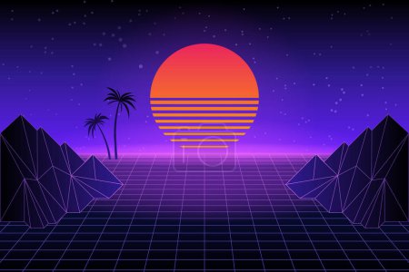 Illustration for Retro futuristic landscape with palm trees. Neon sunset in the style of 80s. Synthwave retro background. Retrowave. Vector illustration. - Royalty Free Image